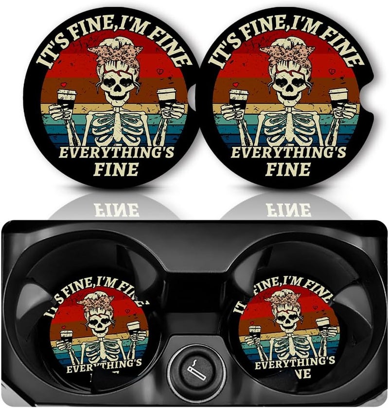 Yonlevres Car Coasters for Cup Holders，2.75" Anti Slip Rubber Mat with A Finger Notch, 2 Pack Car Cup Holder Coasters for Car Interior Accessories for Women Men Skeleton Skull - Image 1